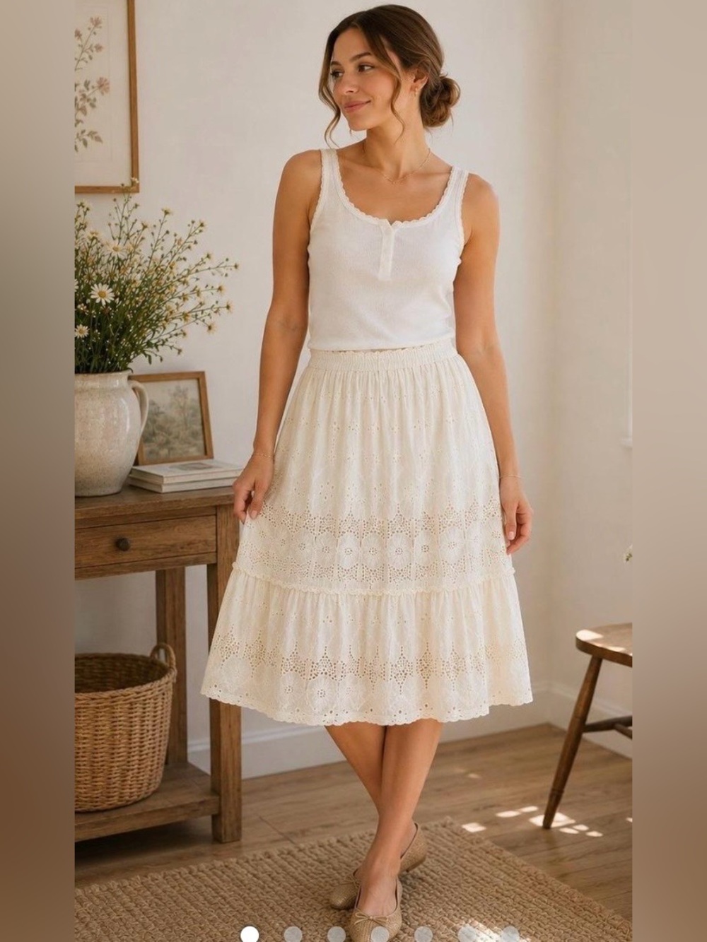 Cream Eyelet Tiered Midi Skirt with Elastic Waist